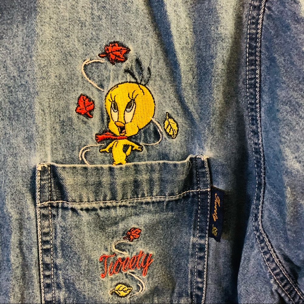 LOONEY TOONS Y2K Tweety Denim Button Down - Picture 3 of 8